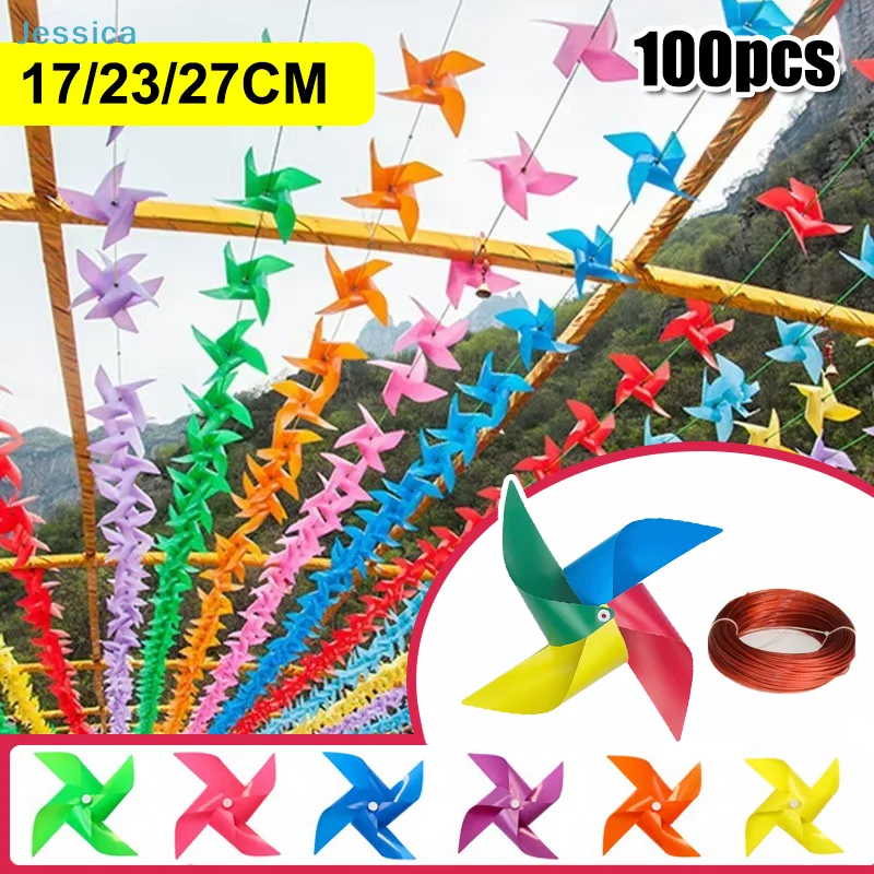 100er-Pack Buntes Windmühlen-Set - 17/23/27CM Windspinner mit Aufhänge-Draht für Party- und Gartendekoration Image
