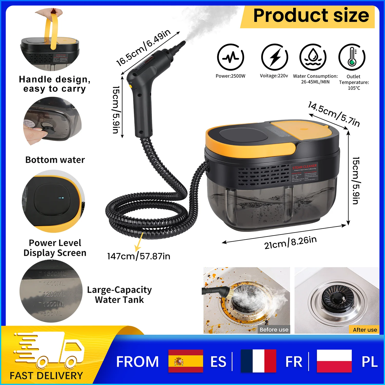 2500W Handgehaltener Dampfreiniger - 3BAR Hochdruck mit 1600ML Tank, 15s Aufheizzeit für Haushalt, Küche, Dunstabzugshaube, Auto, Smart Jet Washer Image