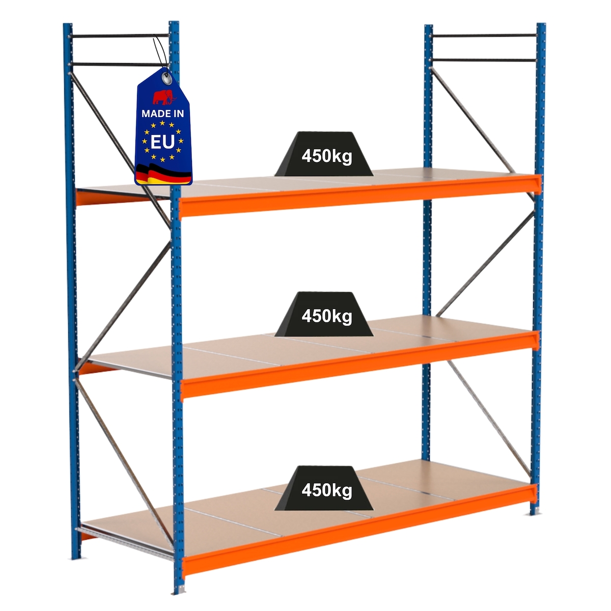 PROREGAL Industrie Schwerlastregal MAXIMUS PRO, Grundregal, HxBxT 300x275x100cm, 3 Ebenen, Spanplatten-Fachboden, Fachlast 450 kg, Blau/Orange Image