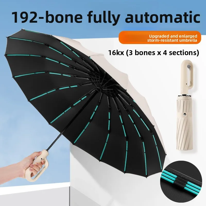 192-Regenschirm mit Knochenschnalle, vollautomatisch, übergroß, sturmbeständig, wetterbeständig, Sonnenschirm mit doppeltem Verwendungszweck Image
