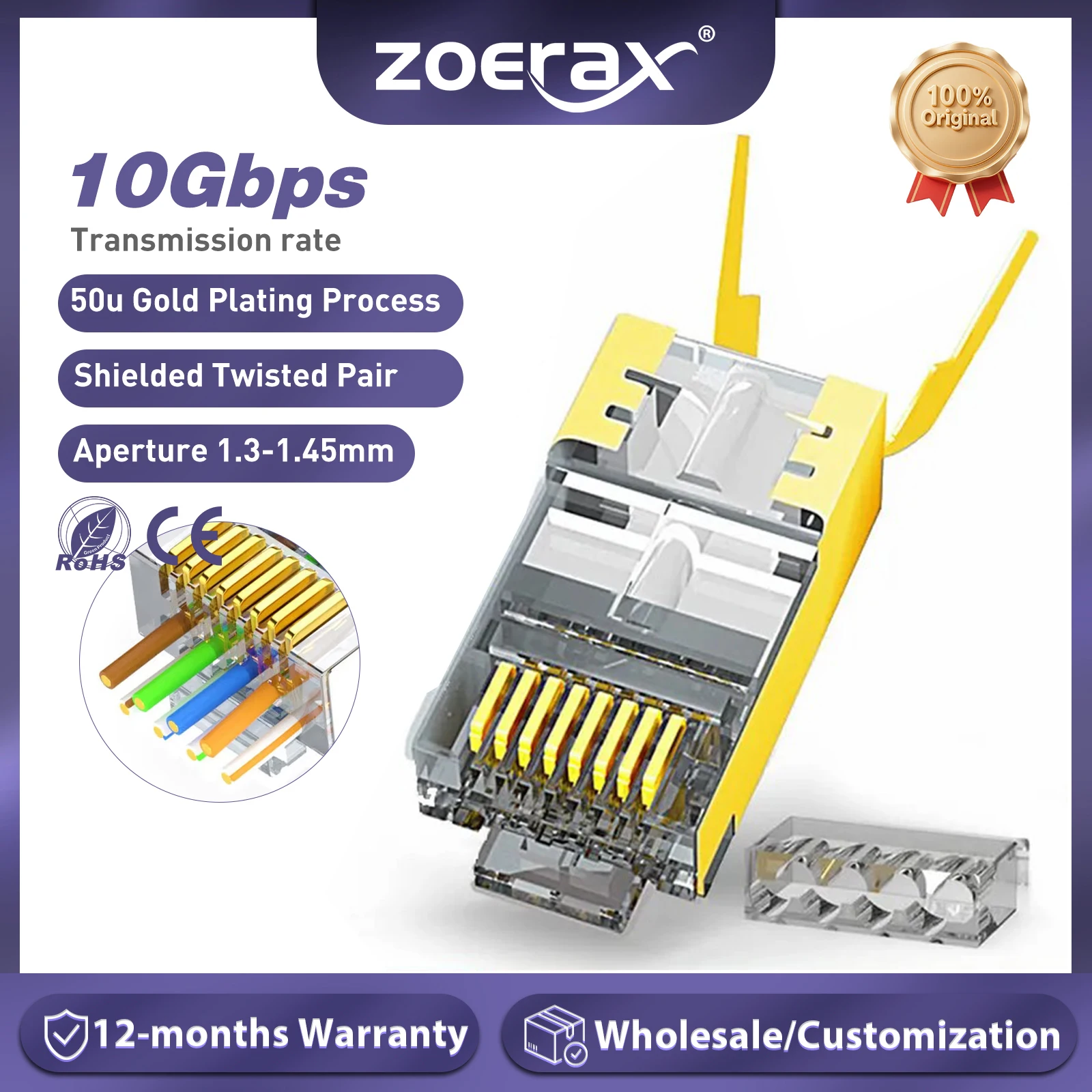ZoeRax RJ45 Cat8 Cat7 & Cat6A Pass Through-Steckverbinder 8P8C 50UM vergoldet geschirmt FTP/STP | RJ45-Netzwerk-Modularstecker – 1,5 mm