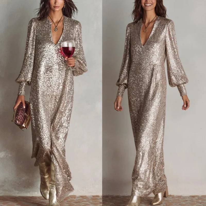 Frauen Maxi Kleid Neue Herbst Winter Mode Lange-sleeve Schlitz Pailletten Casual Lose Party Prom Kleider Für Frauen Robe femal Vestidos Image