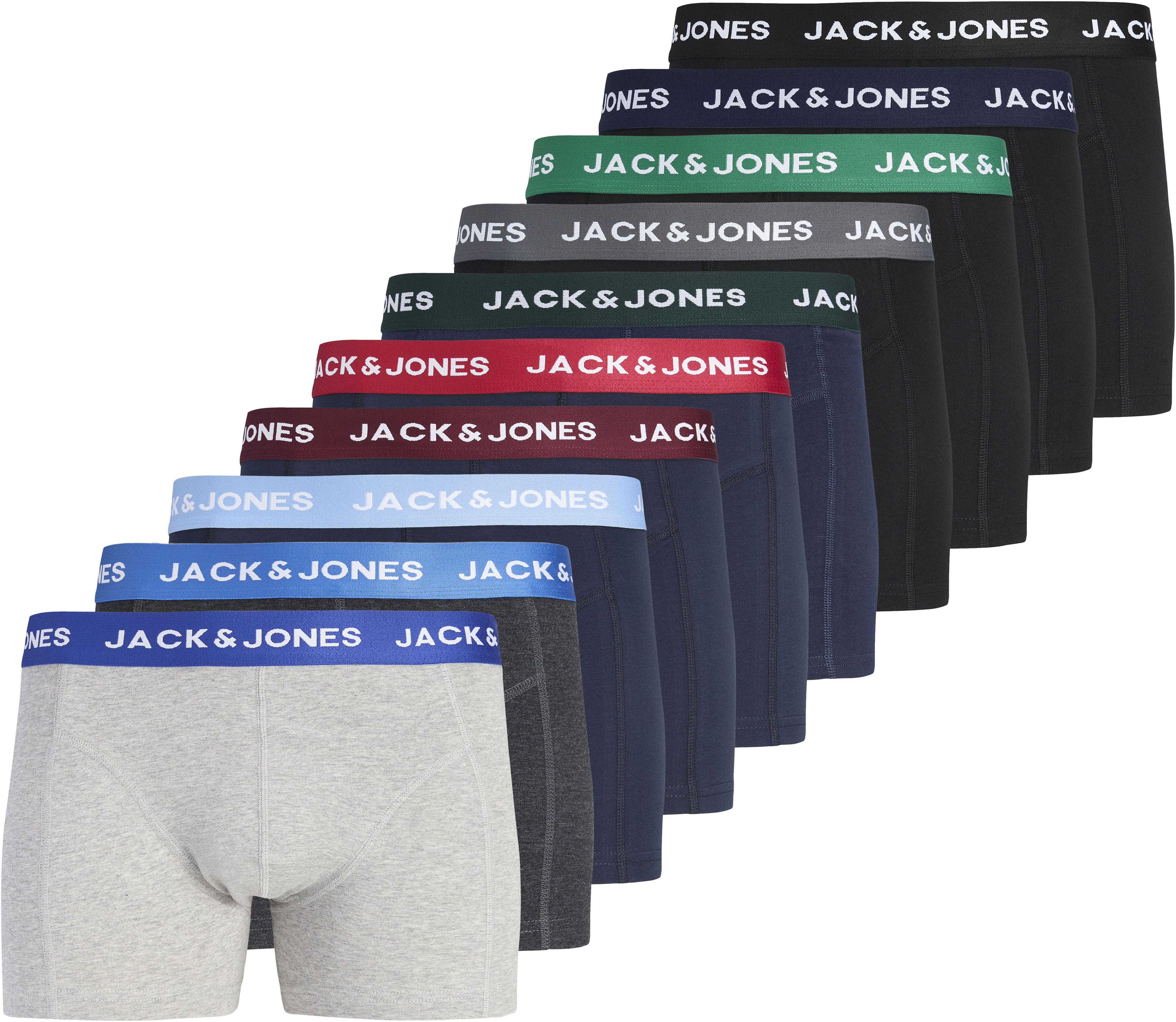 Trunk JACK & JONES "JACSOLID 10er-Pack, bequem, elastisch, ideal für jeden Tag", Herren, Gr. L, 10 Stk., schwarz pack:schwarz, navy blazer, navy blazer, dgm, lgm, navy blazer, navy blazer, schwarz, schwarz, Jersey, Obermaterial: 95% Baumwolle, 5%...