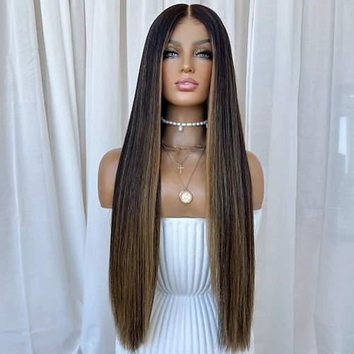 Echthaar 5x5 Verschluss 13x4 Spitzenfront Perücke Mittelscheitel Brasilianisches Haar Glatt Braun Natürlich Perücke 150% 180% Haardichte Ombre-Haar Hervorgehobenes / Balayage-Haar Natürlicher Image