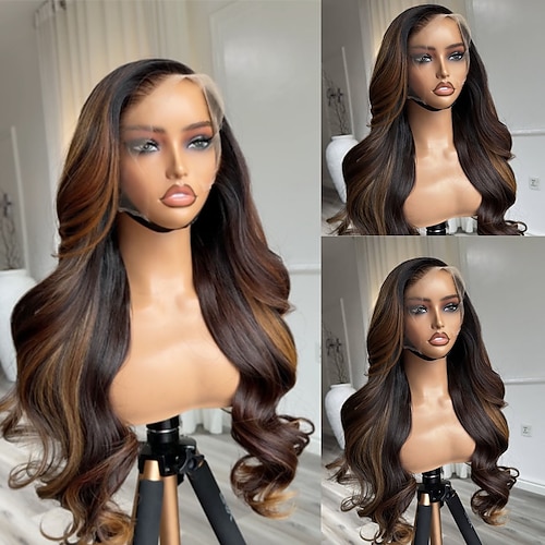 Remy Echthaar 5x5 Verschluss 13x4 Spitzenfront Perücke Freier Scheitel Brasilianisches Haar Gewellt Braun Natürlich Perücke 150% 180% Haardichte mit Babyhaaren Hervorgehobenes / Balayage-Haar Image