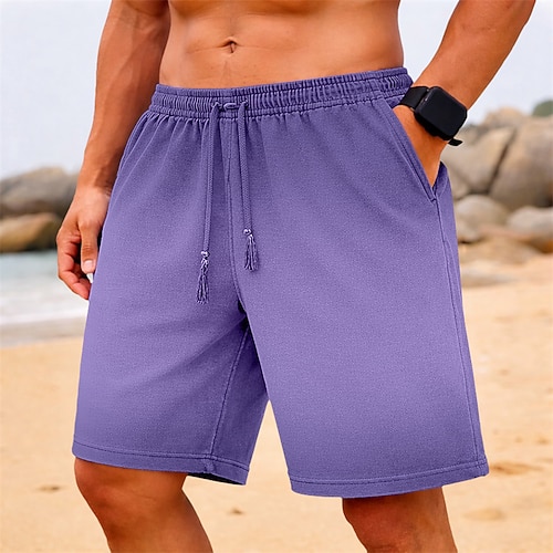 Herren Shorts Sommershorts Freizeitshorts Acid Wash Shorts Tasche Elastischer Bund Einheitliche Farbe Gewaschen Komfort Atmungsaktiv Knielang Lässig Outdoor Strand Urlaub Mode Rosa Purpur Dehnbar Image