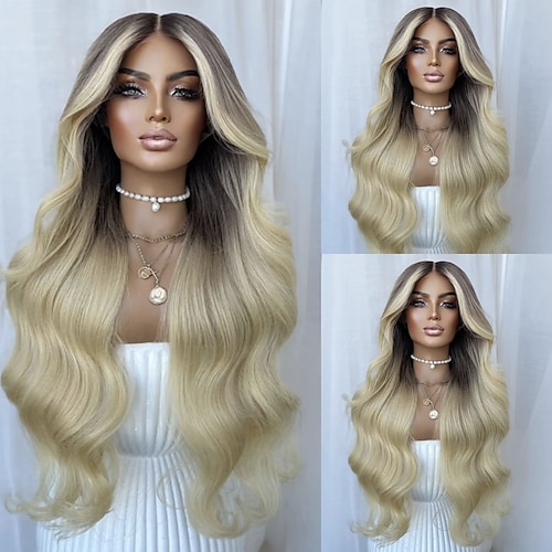 Echthaar 5x5 Verschluss 13x4 Spitzenfront Perücke Mittelscheitel Brasilianisches Haar Gewellt Blond Perücke 150% 180% Haardichte mit Babyhaaren Ombre-Haar Natürlicher Haaransatz 100% Unbehandelt Image