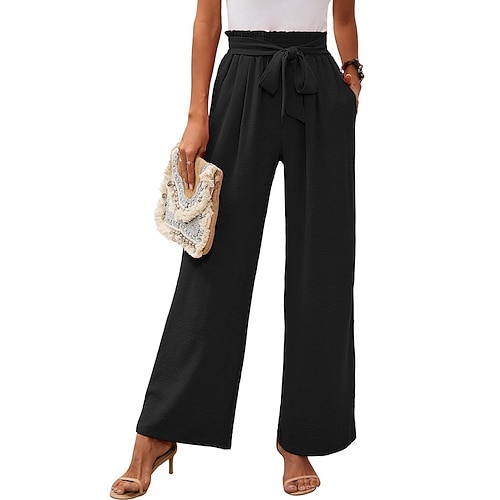 Damen Weites Bein Hose Freizeithose Urlaub Mode Streetwear Volle Länge Hohe Taille Einfach Tasche Elastischer Bund Komfort Unelastisch Täglich Urlaub Straße Schwarz Weiß Rosa Orange Frühling Herbst Image
