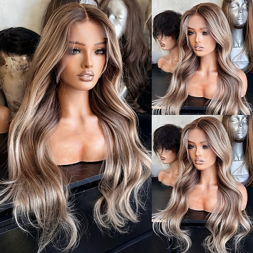 Echthaar 5x5 Verschluss 13x4 Spitzenfront Perücke Mittelscheitel Brasilianisches Haar Gewellt Blond Hellbraun Mehrfarbig Perücke 150% 180% Haardichte mit Babyhaaren Ombre-Haar 100% Unbehandelt Image