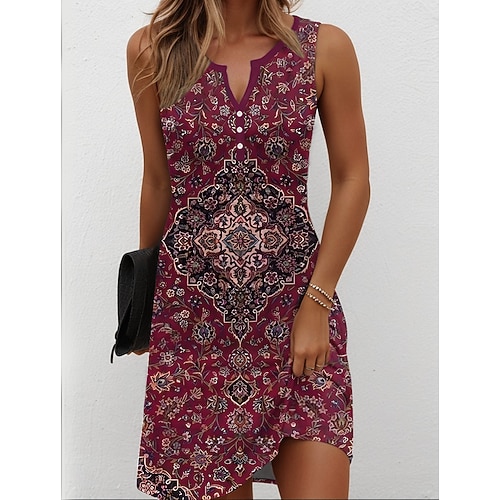 Damen Minikleid Sommerkleid Shiftkleid Schulterfreies Kleid Urlaub Lässig Boho Täglich Ferien Ausgehen Normale Passform Grafik Stammes Ärmellos V Ausschnitt Blau Marineblau Schwarz Wein Sommer Image