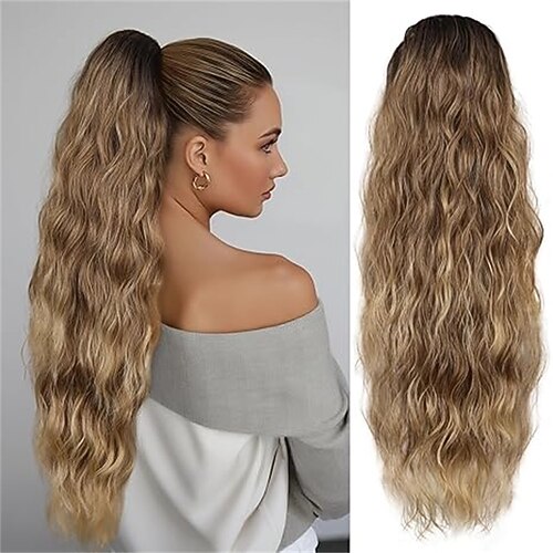 26 Zoll langer, gewellter Pferdeschwanz mit Kordelzug für Damen – synthetischer Haarteil-Pferdeschwanz für den täglichen Gebrauch (schokoladenbraun mit honigblonden Highlights) 26 Zoll Image