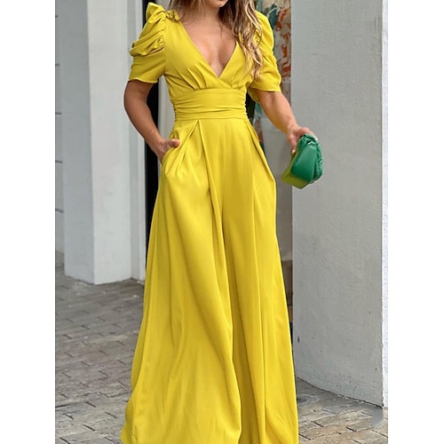 Damen Normal Overall Elegant Einfarbig Kurzarm Weites Bein V Ausschnitt Täglich Urlaub Normale Passform Schwarz Gelb Hellgrün Sommer Image