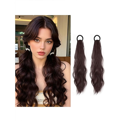 2 Stück lockige Pferdeschwanzverlängerungen mit elastischem Band, 43 cm lang, strapazierfähiges, synthetisches, natürlich gewelltes Haar, künstliche Pferdeschwanz-Haarteile für Damen, für den Image