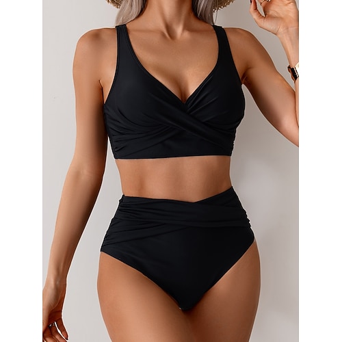 Damen Badeanzug Bikini Zweiteilig Bademode Gerafft Rückenfrei Urlaub Strandbekleidung Einfach V Ausschnitt Ärmellos Badeanzüge Image