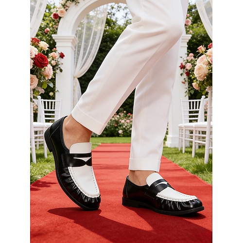 Schwarze und weiße Herren-Slipper, elegantes zweifarbiges Design, bequeme Passform für Gartenhochzeiten, formelle Anlässe und besondere Zeremonien