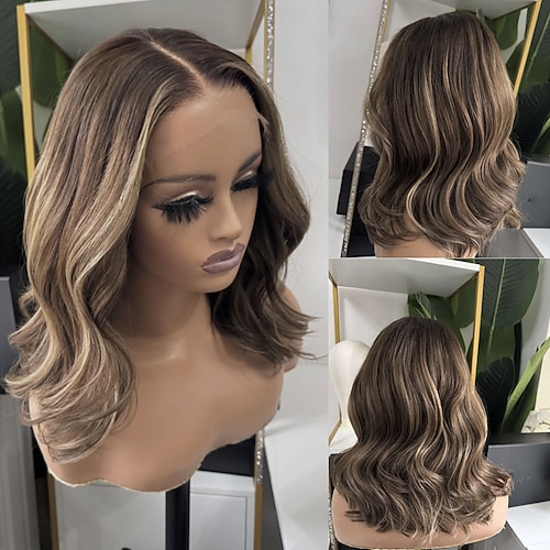 Echthaar 5x5 Verschluss 13x4 Spitzenfront Perücke Kurzer Bob Mittelscheitel Brasilianisches Haar Gewellt Blond Braun Mehrfarbig Perücke 150% 180% Haardichte mit Babyhaaren Hervorgehobenes Image