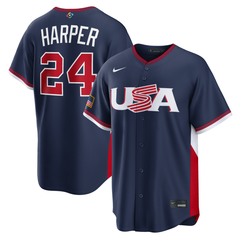 Nike Herren-Trikot von Bryce Harper in Marineblau für die USA Baseball World Baseball Classic 2026 (Auswärtsstadion) Image