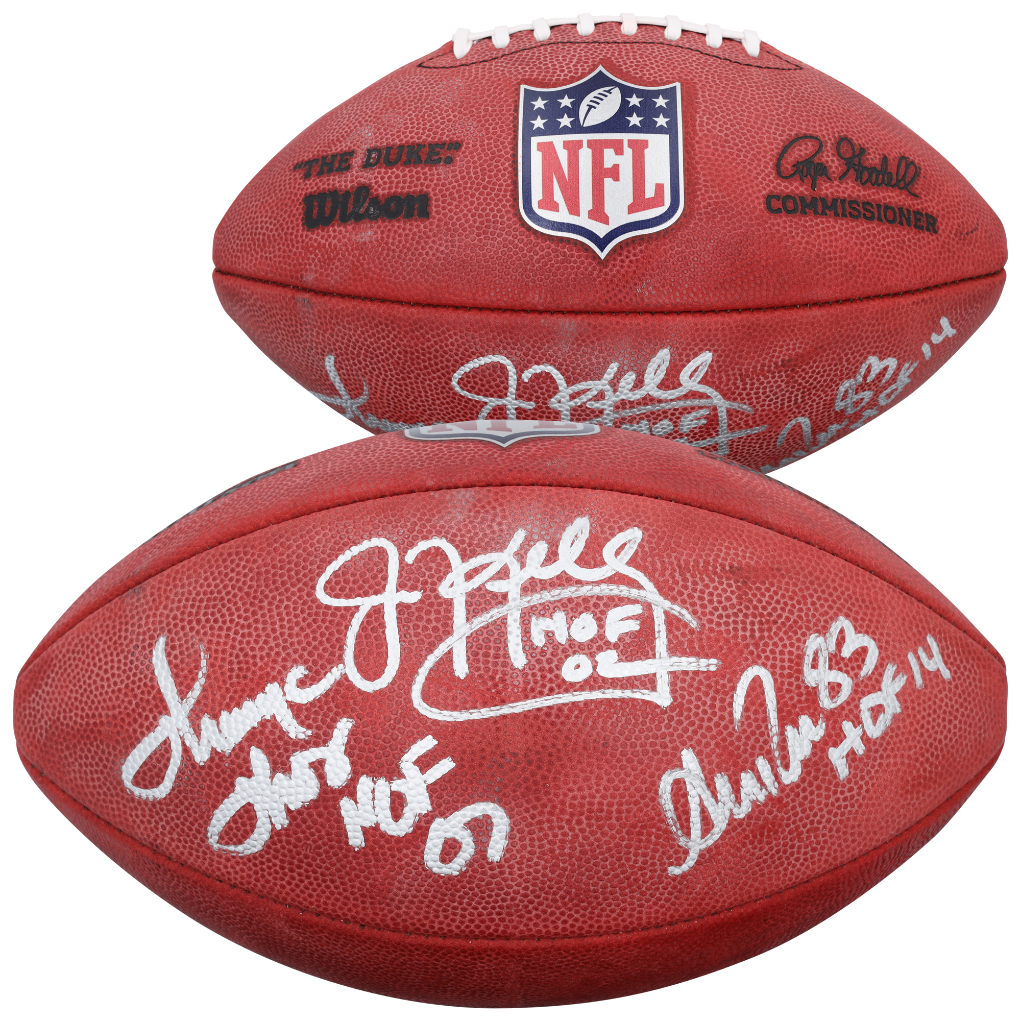 "Jim Kelly, Thurman Thomas & Andre Reed Buffalo Bills signierter Wilson Duke Football in Farbe mit Hall of Fame-Inschriften" Image