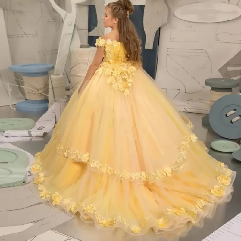 Wunderschönes Blumenmädchenkleid mit flauschigen Applikationen, Erstkommunion, Geburtstag, Hochzeit, Kinderfestzug, Abend, Kindergeschenke, individuell gestaltet Image