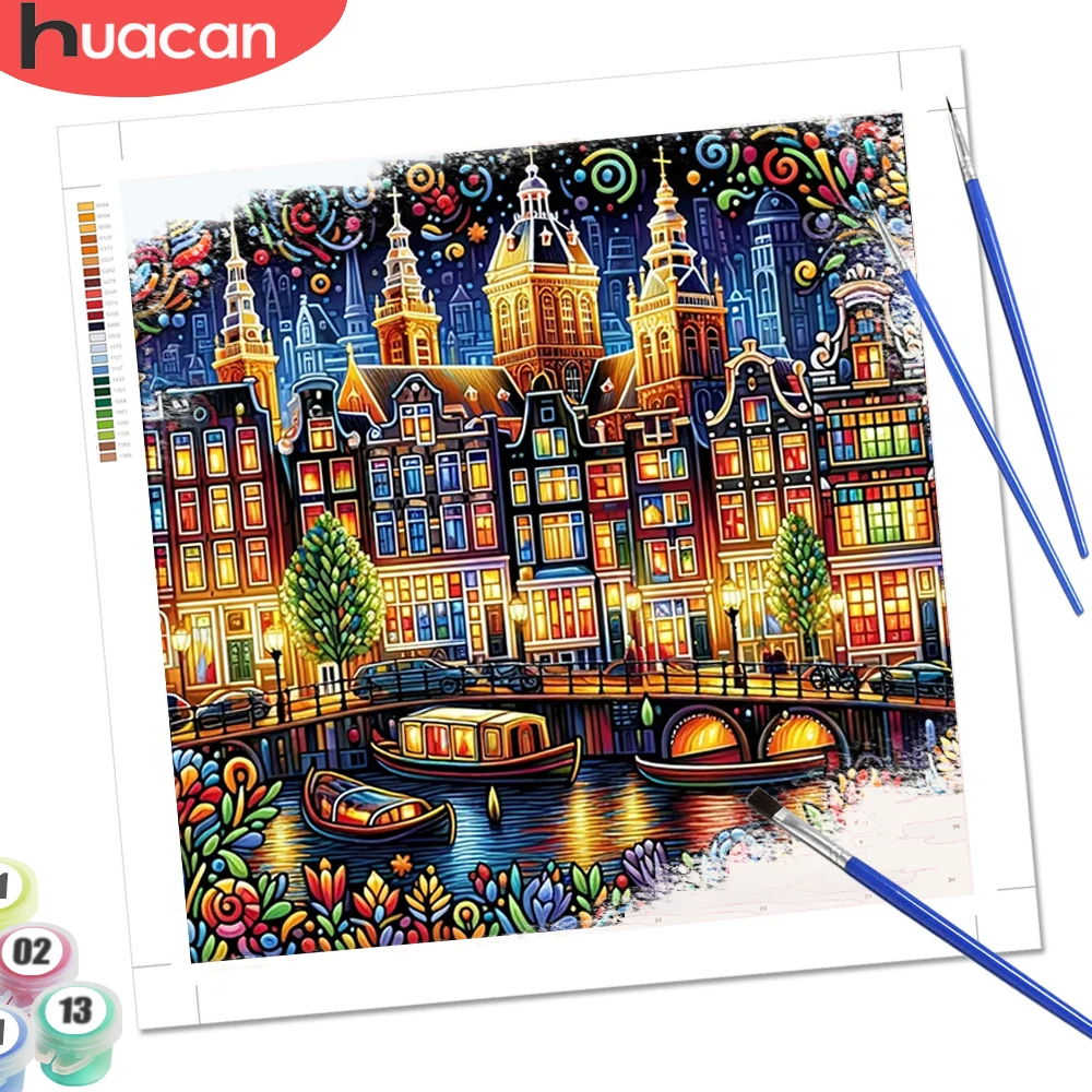 HUACAN Malen nach Zahlen Set Haus Landschaft Wandbild Malen nach Zahlen Stadt See Dekorative Gemälde Kunst Geschenk Image