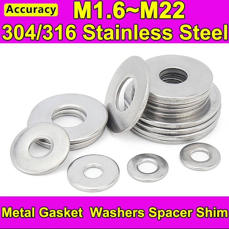 316/304 Edelstahl-Unterlegscheiben, Metall-Dichtungen, Flache Dichtungsscheiben (M1.6 M2 M2.5 M3 M4 M5 M6 M8 M10 M12 M14-M22) Image