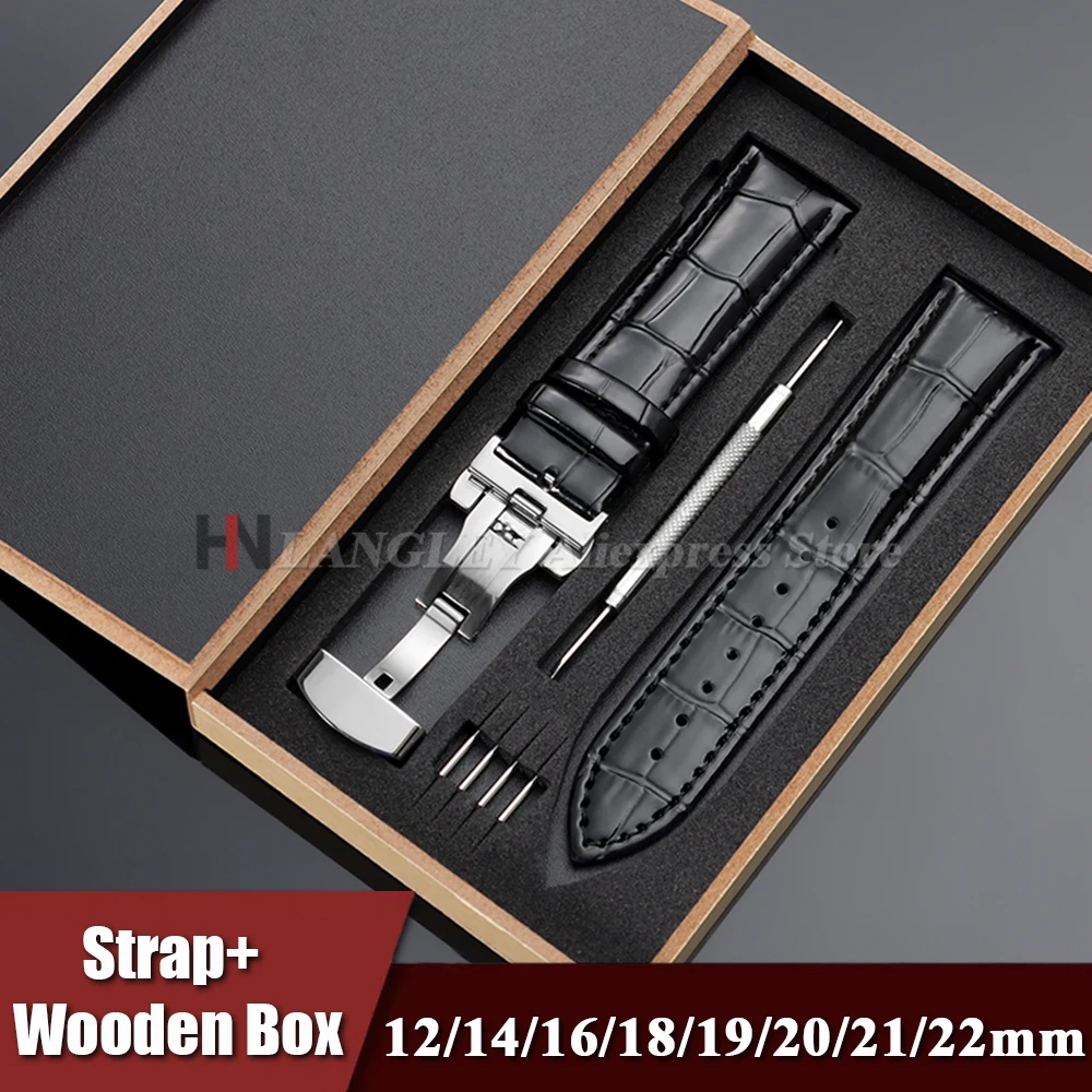 18mm 20mm 22mm Uhrenarmbänder mit Holzbox, Schmetterlingsverschluss, Ersatz-Echtlederarmband 12/14/16/19/21mm Uhrenzubehör Image