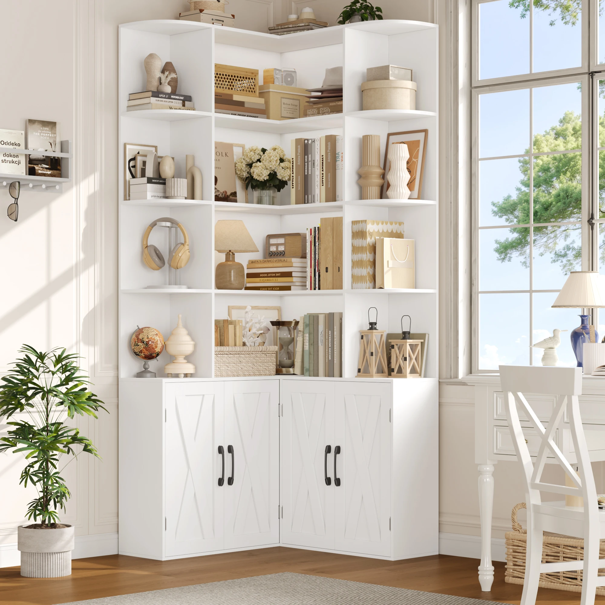 Getone 187cm Bücherregal mit Türen Bücherschrank Eckregal mit 12 Fächern Regal mit Türen für Arbeitszimmer Büro 80x80x187cm