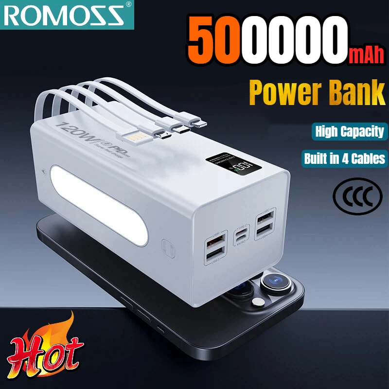 ROMOSS 500000mAh Powerbank mit großer Kapazität, 4 USB-Anschlüssen, integrierten 4 Kabeln, LED-Licht, tragbarer externer Akku für iPhone und Samsung Image