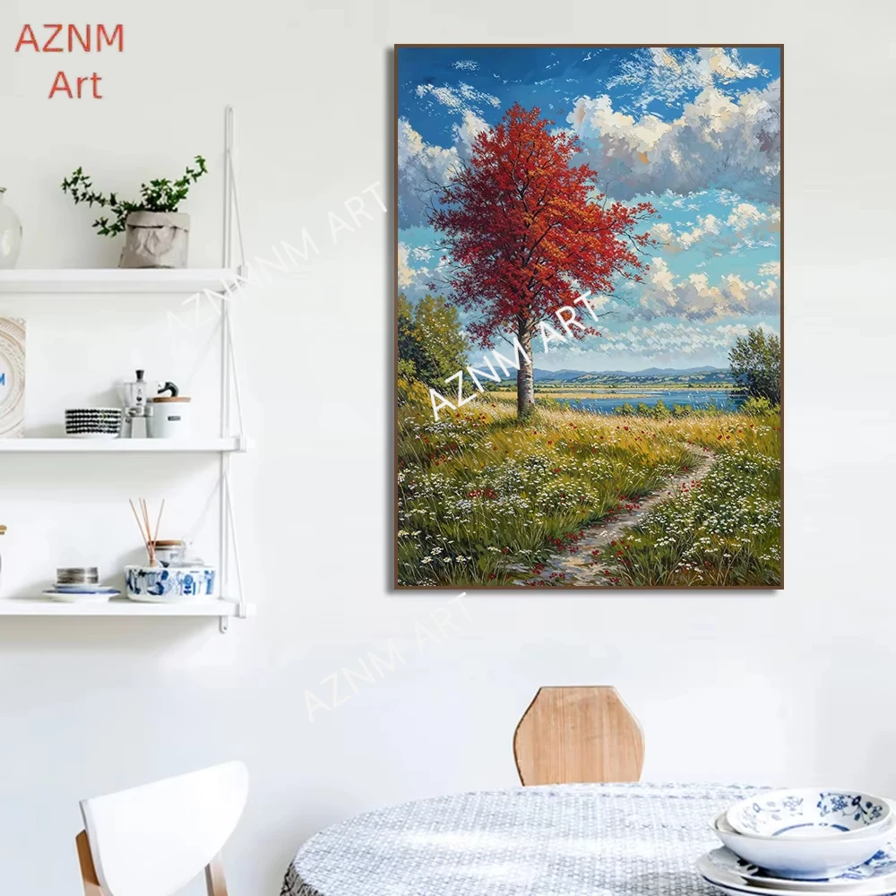 Valley View Mountain Cabin Herbstpfad Sommerwiese Baum Wald Wolke Poster Leinwand Malerei Druck für Wohnzimmer Home Decor