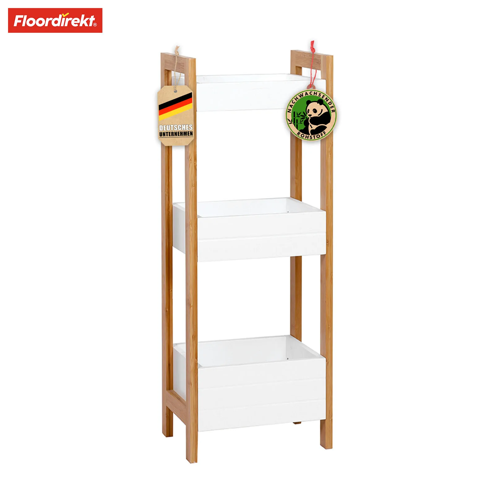 FLOORDIREKT Bambus-Badregal Texas - mit 3 Etagen - in Weiß & Bambusbeinen - Moderne Holzoptik - Praktische Badablage Image