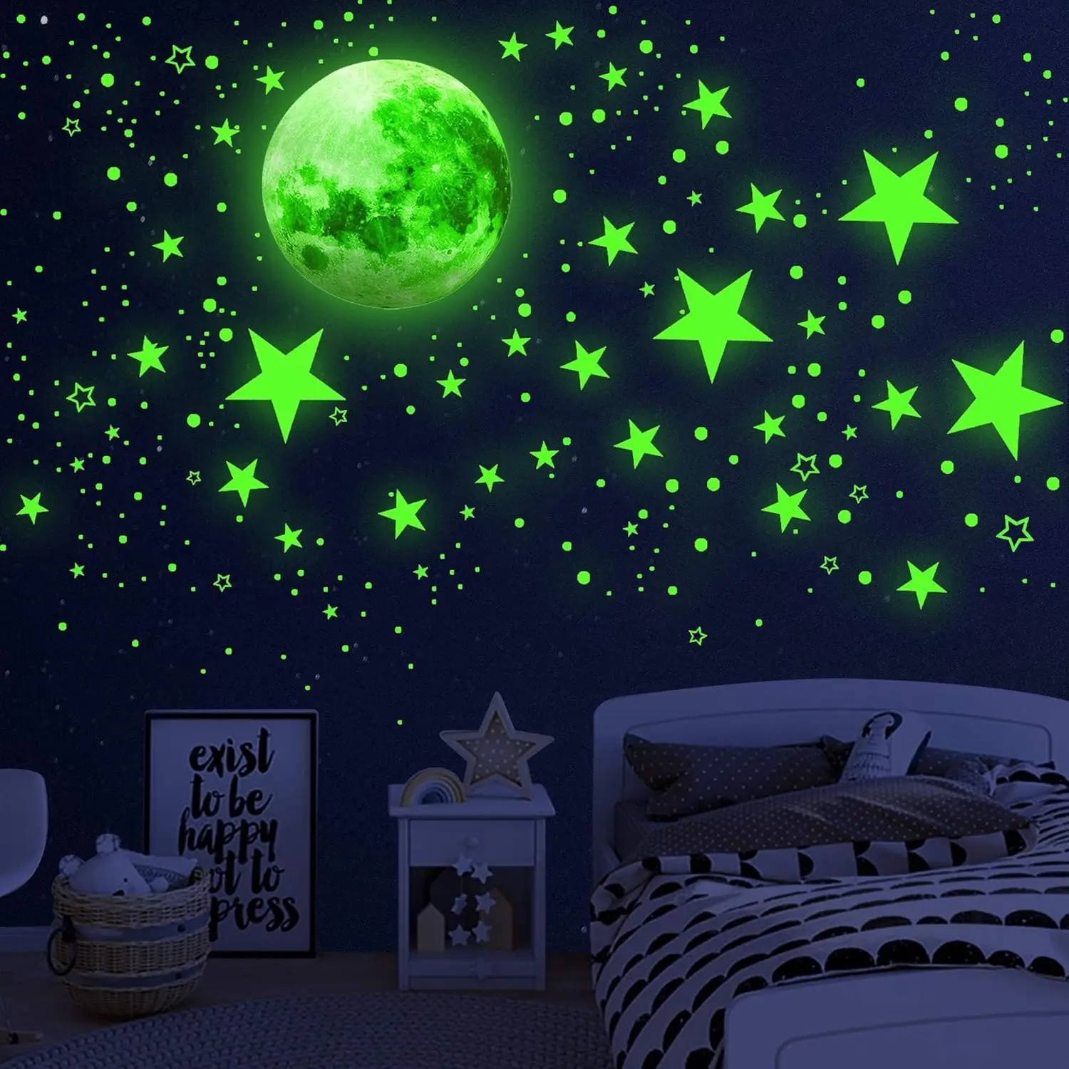 1086 Stück im Dunkeln leuchtende Sterne, im Dunkeln leuchtender Mond für Decke, Planeten, Weltraum-Wandaufkleber, Sonnensystem, Galaxie-Wandtattoos