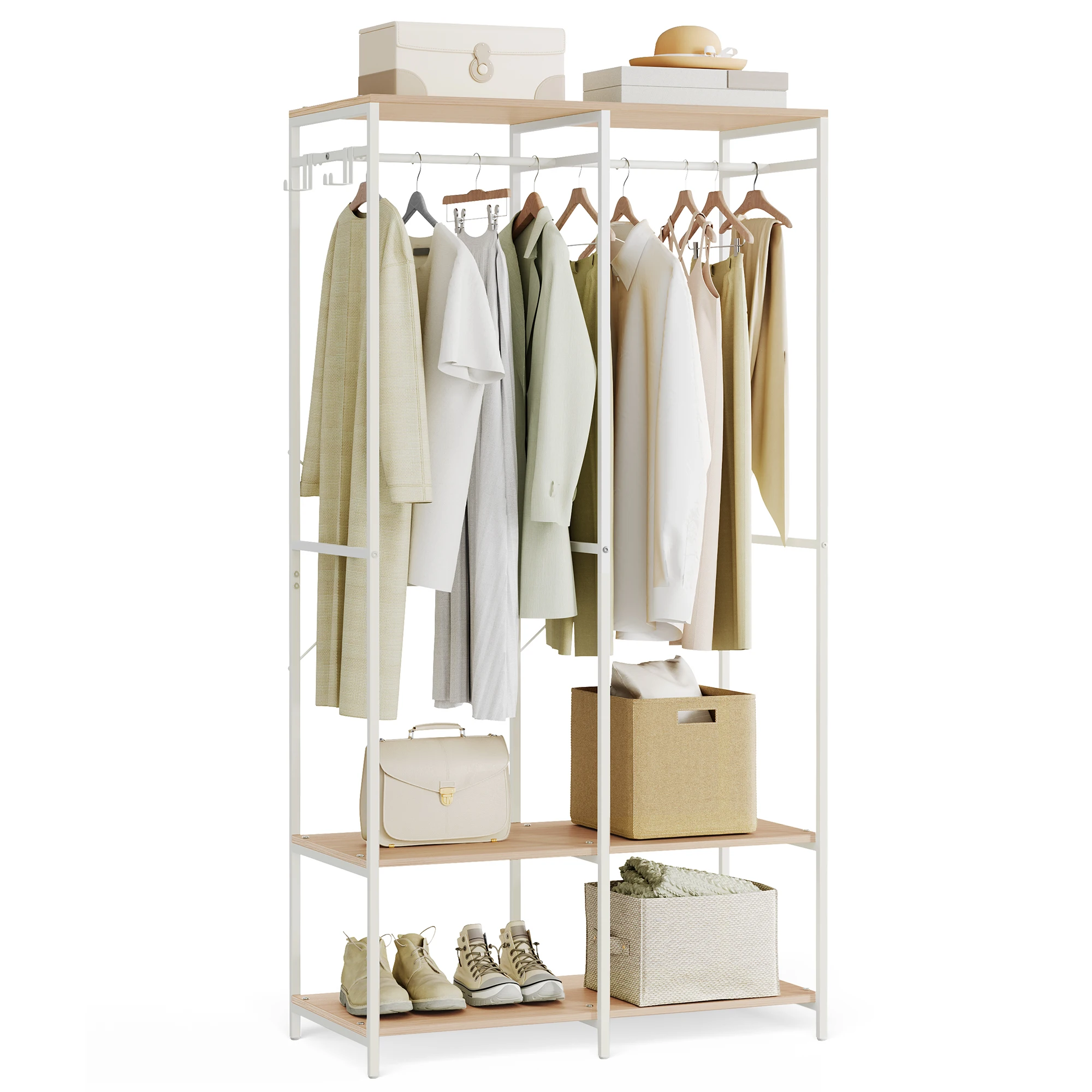 SONGMICS offener Kleiderschrank, Kleiderständer, Kleiderschrank mit Kleiderstange, Regalen, abnehmbaren Haken, Naturbeige.