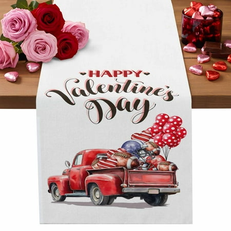 Valentine s Day Cotton Linen Table Runner Watercolor Red Truck Love Heart Rugby Dots Balloons Beige Dining Table Runners for Home Decor Party Dining Room Restaurant Kitchen Party 13 x 120