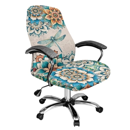 ZIATUBLES Computer Office Chair Cover Universal Rotating Office Chair Slipcover Soft Washable Desk Computer Office Chair Covers with Snap Button Stylish Chair Cover S Boho Mandala Flower Dragonfly