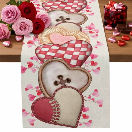 Valentine s Day Cotton Linen Table Runner Watercolor Pink Lace Plaid Button Rugby Love Heart Linen Texture Dining Table Runners for Home Decor Party Dining Room Restaurant Kitchen Party 13 x 120