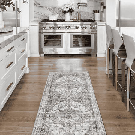 NICETOWN Thin Washable Vintage Runner Rug 2 x6 Boho Non-Slip Foldable Rug Oriental Living Room Rug Entrance Mat Carpet for Kitchen Laundry Grey
