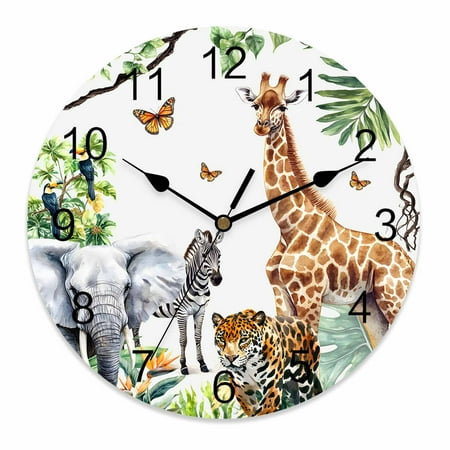 Silent Wall Clocks Battery Operated Tropical Animal Round Decorative Wall Clock for Living Room Bedroom Kitchen Bathroom Classroom Decor 10 Inch Giraffe Zebra Elephant Leopard Brown Green Gray