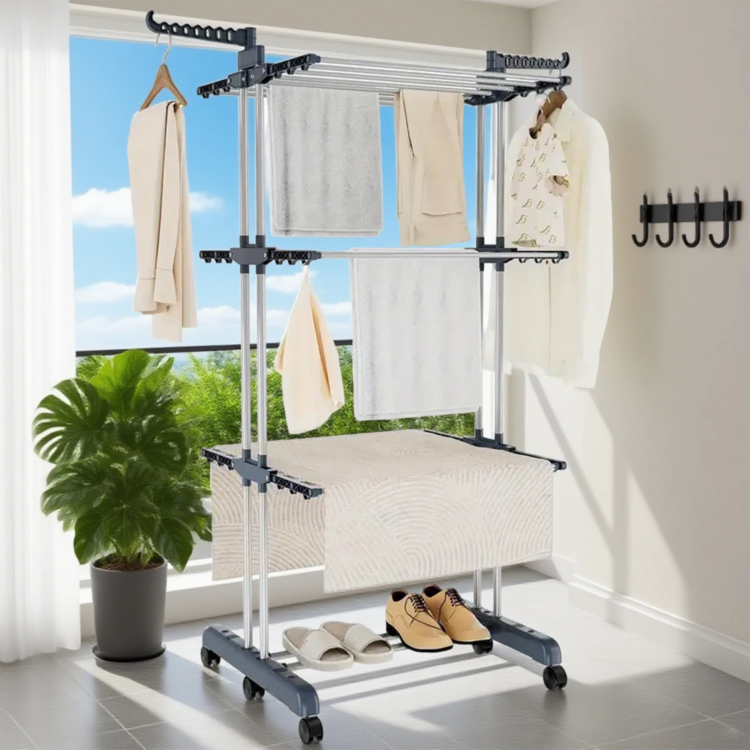 Klappbarer Wäscheständer für den Innen- und Außenbereich, Wäscheständer, 3-stufig verstellbarer rollender Wäscheständer mit faltbarem Flügel Image