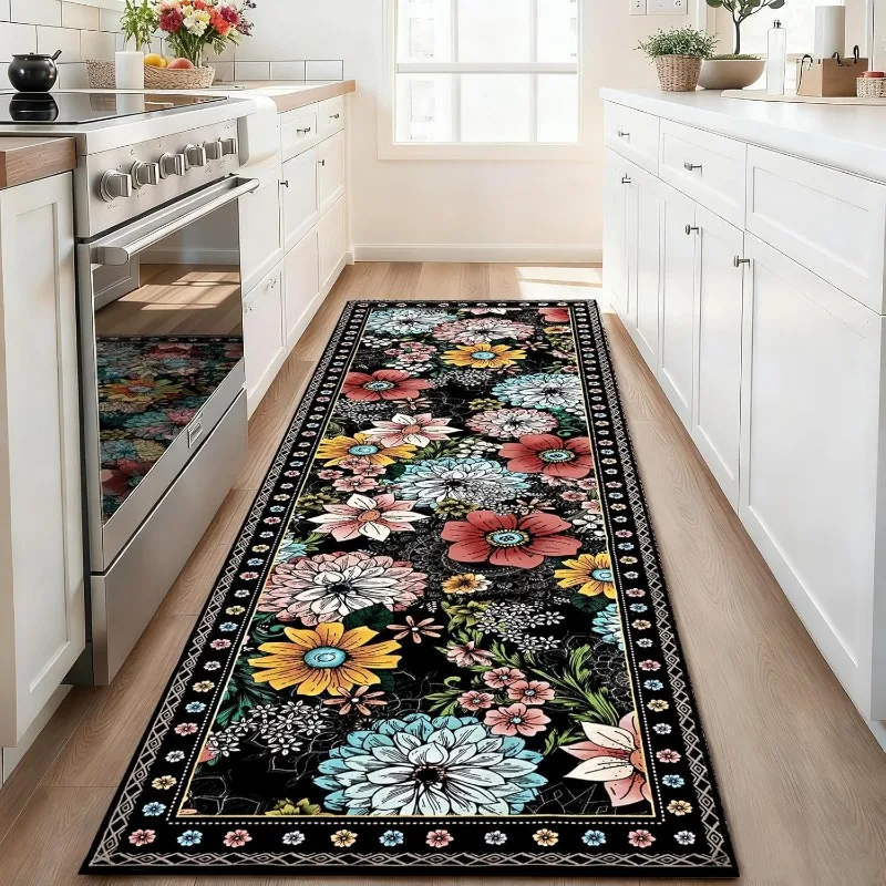 Retro Floral Runner Rug Colorful Flower Pattern Carpet Soft Non-Slip Home Decor Floor Mat for Living Room Bedroom Kitchen