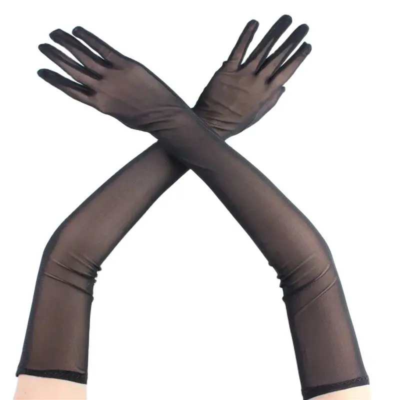 53 cm Ultra-Dünne Elastizität Tüll Mesh Transparente Handschuhe Elegante Frauen Sexy Schwarz Sonnencreme Atmungsaktive Weibliche Fahren Handschuhe Image
