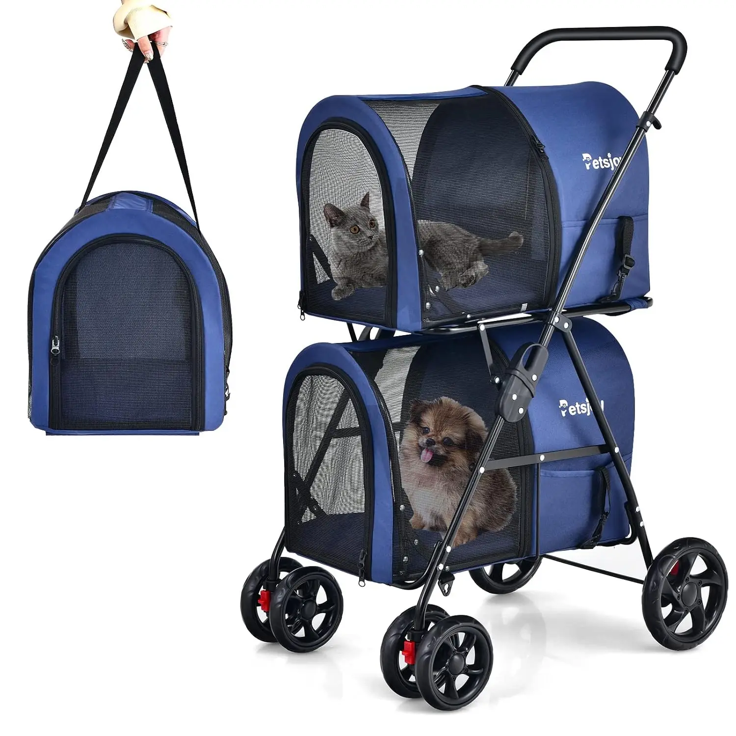 2-Deck-Kinderwagen Kinderwagen bis 16kg, Kinderwagen mit Netz fenster & Getränke halter & Anhänger (blau) Image