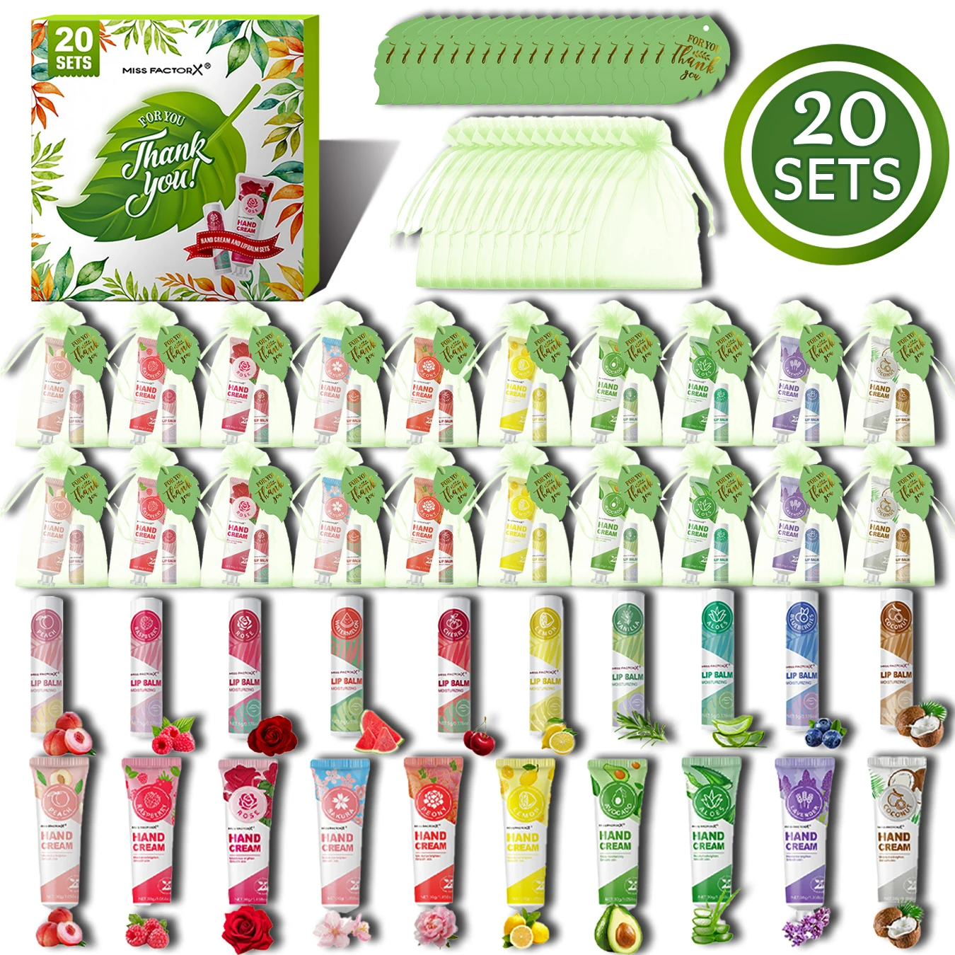 20 Sätze/Karton hochwertiger Geschenksets – Handcreme-Lippenstift-Feuchtigkeitsset mit 10 Geschmacksrichtungen, mit Dankeskarten und grüner Geschenktüte Image