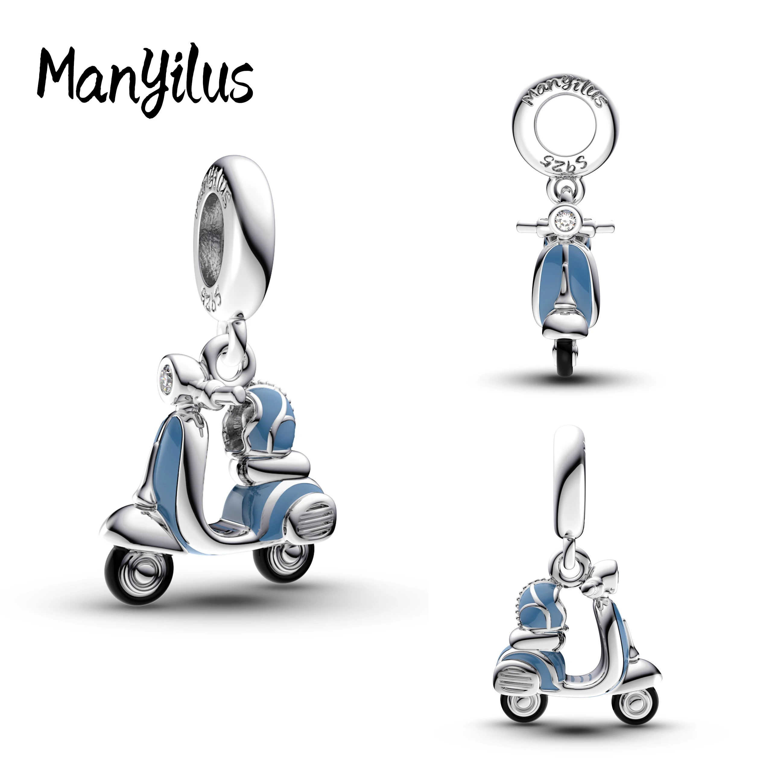 Manyilus S925 Silber Blau Scooter Charm für Original Armband, Urban Travel Schmuck Anhänger DIY, Süßes Transportgeschenk Image