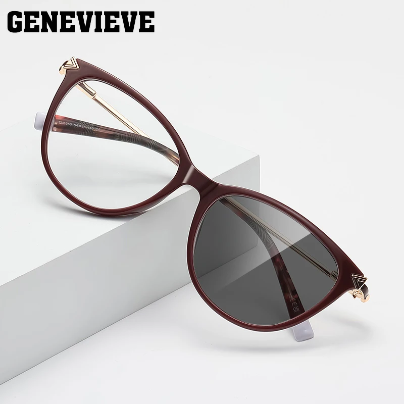 GENEVIEVE Neue modische Cat-Eye-Brille mit einzigartigem Design für Damen, Anti-Blaulicht-Mechrome Brille, anpassbar, verschreibungspflichtig, LS235 Image