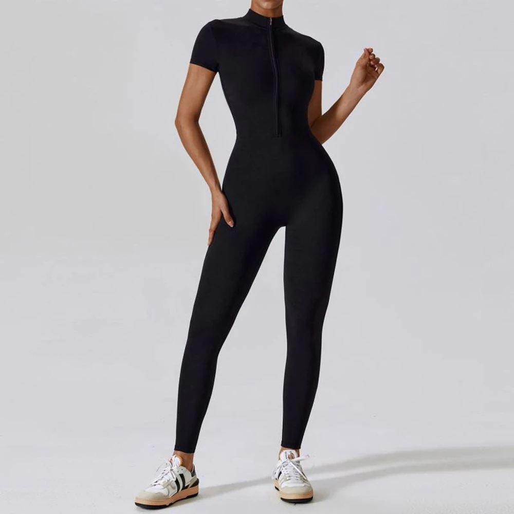 Damen-Overalls, kurzärmelig, Yoga, schmale Passform, Stretch, einteiliger Strampler, sexy Fitness, weiblich, schwarz, Basic, elastischer Reißverschluss, Sportbekleidung Image