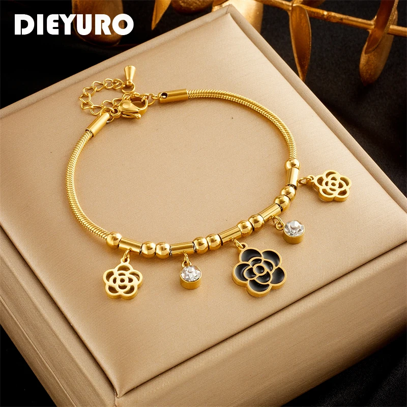 Dieyuro 316l Edelstahl Blume Zirkon Charm Armband für Frauen neue Vintage Gold Farbe Handgelenk Kette Schmuck Geburtstags geschenke Image
