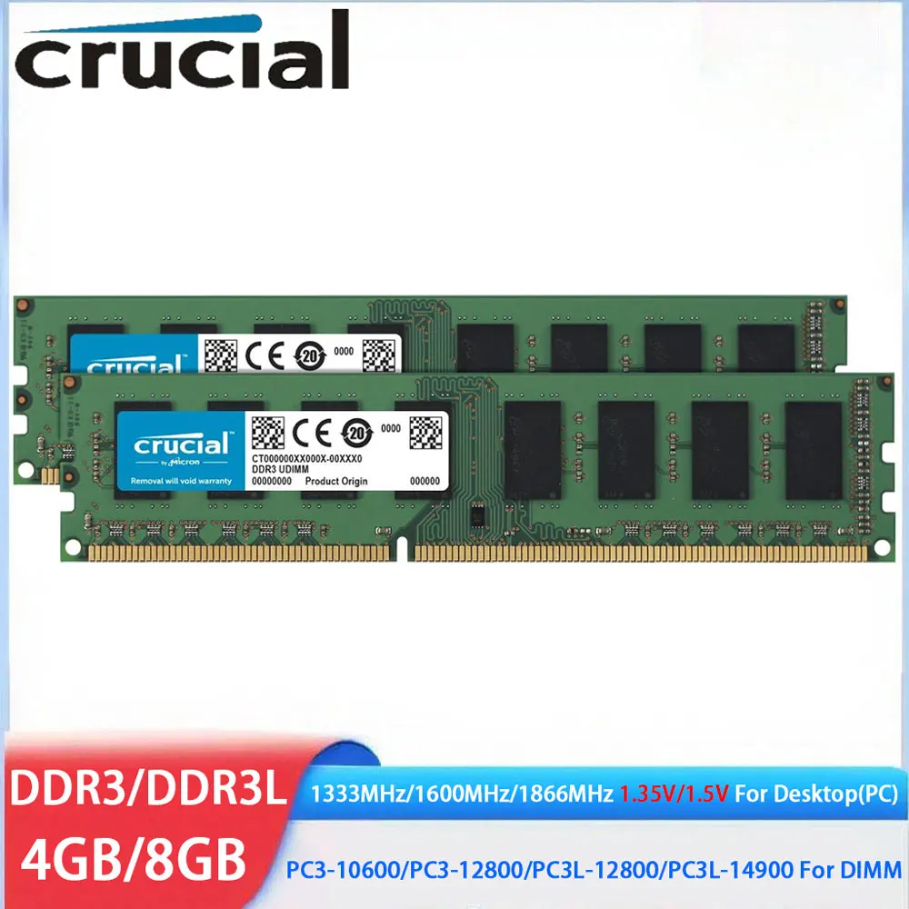 Crucial Memoria RAM DDR3 DDR3L 4 GB 8 GB 16 GB 1333 1600 1866 MHz Desktop-Speicher 1,5 V 1,35 V PC3L-12800 14900 Nicht-ECC UDIMM PC-RAMs Image