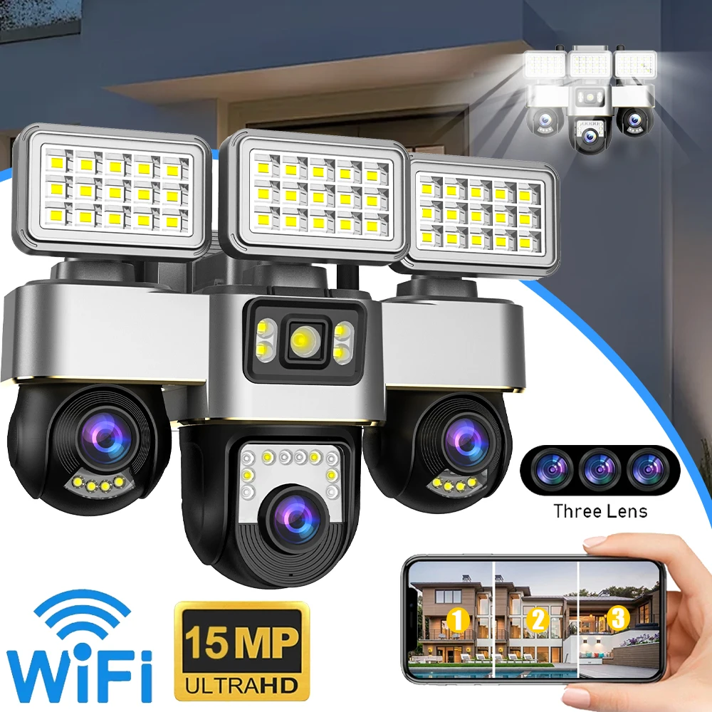 V380 Triple Lens Wifi Sicherheit Kamera 15MP Flutlicht Haus Überwachung Kameras Nachtsicht Drahtlose Cctv Cam PTZ APP Steuerung Image