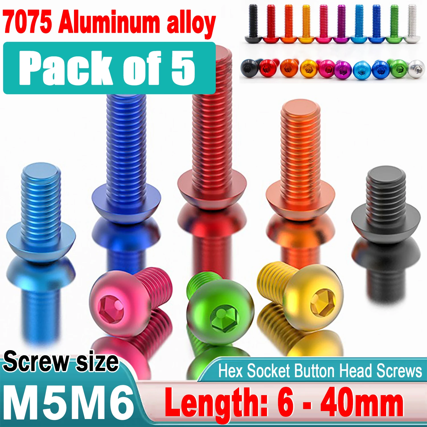 5 Stück M5 M6 Aluminium-Innensechskantschrauben mit Innensechskant, eloxiert, L = 6/8/10/12/15/20/25/30 mm, ISO7380 Image