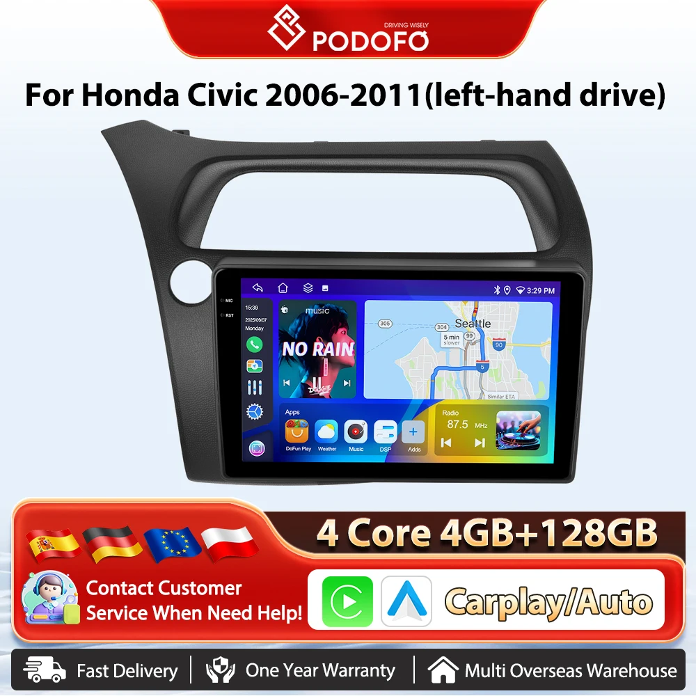 Podofo 9'' Android Drahtlose CarPlay Auto Intelligente System Player Für Honda Civic 2006-2011 (links) GPS WIFI FM/RDS Auto Radio EQ Image